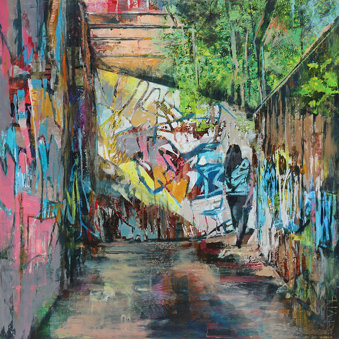 AI Collab 1 (Sunny urban ravine in dramatic lighting with graffiti and human silhouette)